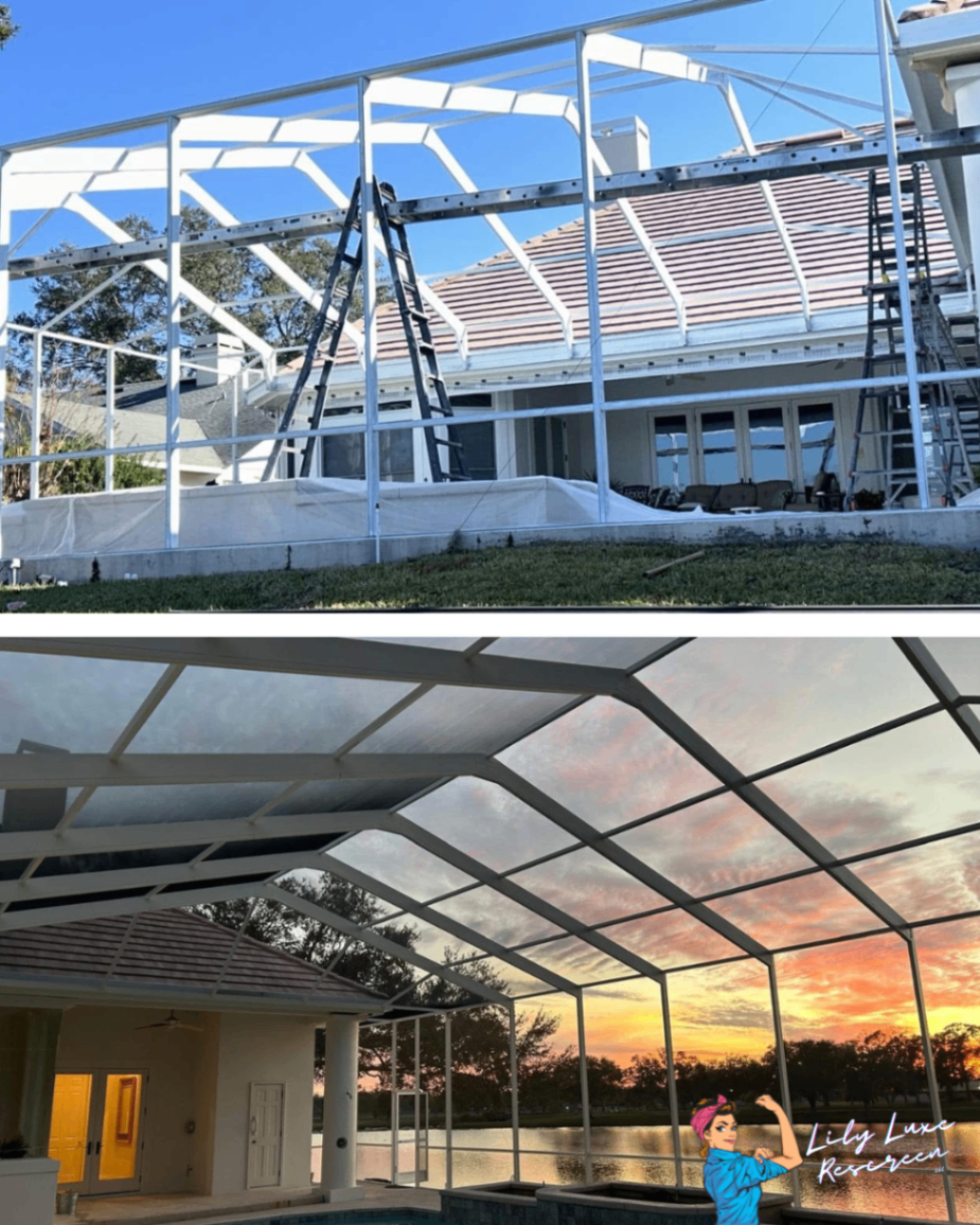 Pool enclosure framing shown before and after screen installation at sunset.