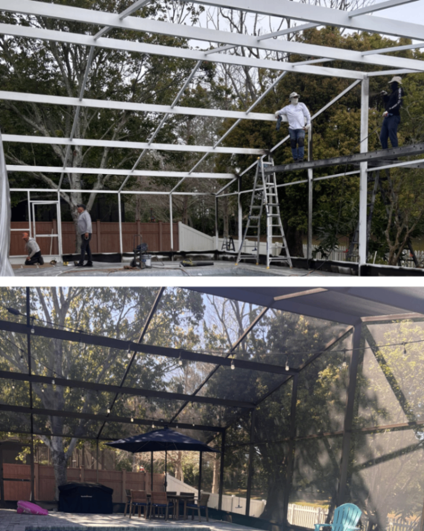 Screen installation in progress and a finished screened outdoor living space.